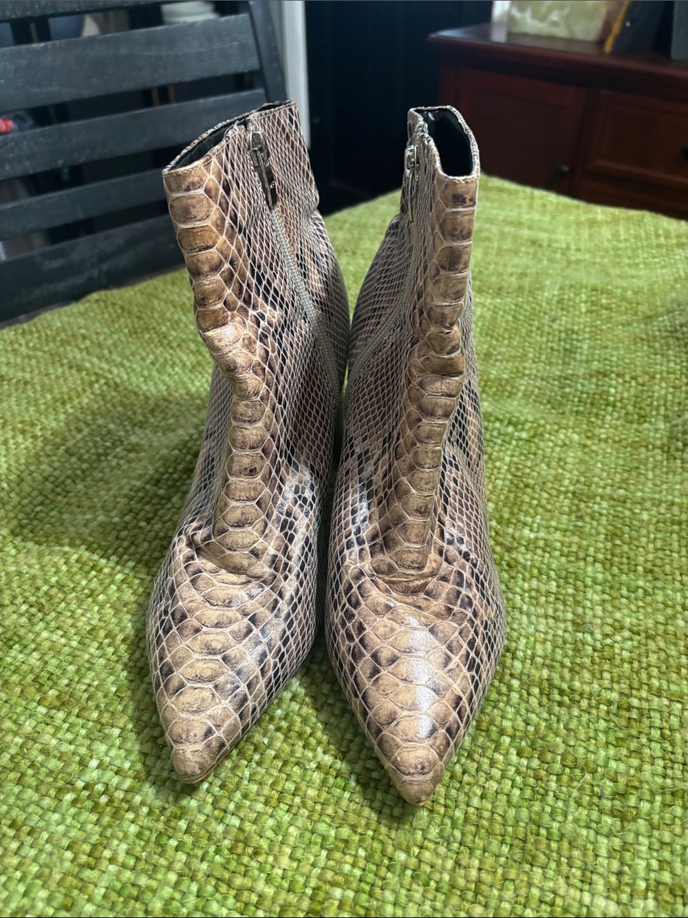 Marc Fisher Tan Snake-Print Pointed Toe Ankle Boots